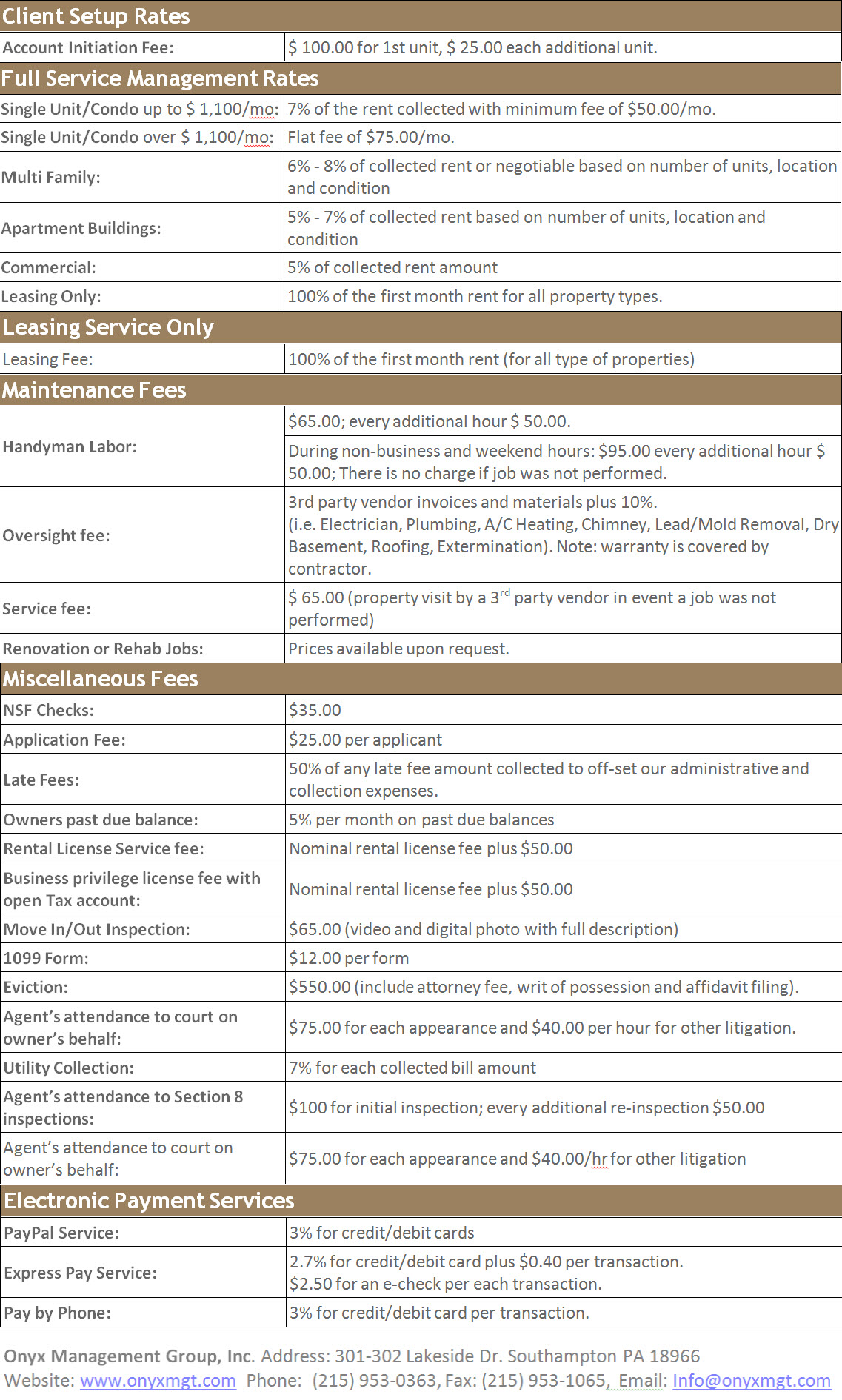 Onyx Management Services Pricing List
